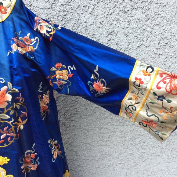 Vintage Esme Chinese Floral Embroidered Royal Blue Kimono Dress Robe Long Coat - Picture 4 of 8